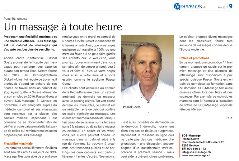 un massage à tout heure, article journal Nouvelles 2017