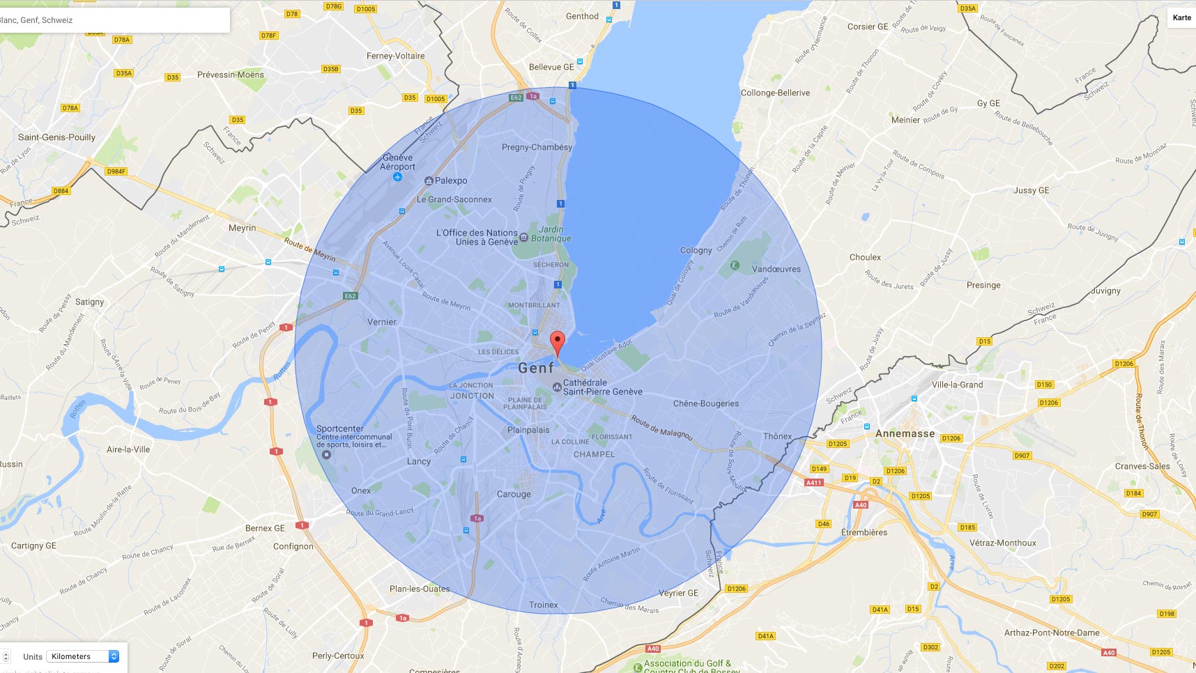Périmètre de 5 km Behandlungsrayon SOS-Massage Stadtzentrum Genf